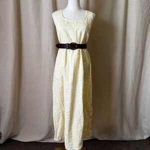 Vintage Mimi Maternity Linen Maxi Dress M Yellow Floral Side Button USA